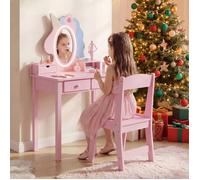 Coiffeuse Enfant 2 en 1 avec Miroir LED-COSTWAY-avec Tabouret 3 tiroirs Porte-Bijoux Hème Licorne 59 x 35 x 103.5CM MDF Rose