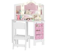 AIYAPLAY Coiffeuse Enfant 2 en 1 avec Tabouret, Bureau Fille avec Miroir triptyque et lumières LED Bicolores, Pochette de Rangement latérale, Table de Maquillage pour Enfants de 3 à 8 Ans, Blanc