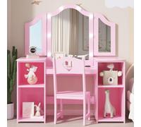 Coiffeuse enfant avec Miroir LED et chaise,3 Luminosité Réglable,2-en-1 Bureau de Coiffeuse en bois avec 4 Compartiments de Rangement,Ensemble Table de Maquillage enfant scandinave pour fille(Rose)