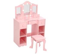 Coiffeuse enfant avec tabouret et Miroir LED,2-en-1 Bureau de coiffeuse en bois avec 5 tiroirs,4 Compartiments Ouverts,Ensemble Table De Maquillage enfant scandinave pour Chambre,Dressing(Rose)