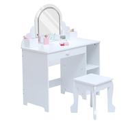 Coiffeuse Enfant avec Tabouret et Miroir LED,3 Luminosité Réglable,2-en-1 Bureau de Maquillage en Bois avec tiroirs,2 Étagères Ouvertes Ensemble Table de Maquillage Enfant Moderne pour Chambre(Blanc)