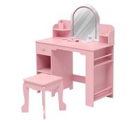 Coiffeuse Enfant avec Tabouret et Miroir LED,3 Luminosité Réglable,2-en-1 Table de Maquillage en Bois avec tiroir,4 Étagères Ouverts,Ensemble Bureau de Coiffeuse Enfant Moderne pour Chambre(Rose)