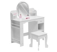 Coiffeuse Enfant avec Tabouret et Miroir LED,3 Luminosité Réglable,2-en-1 Table de Maquillage en Bois avec tiroir,4 Étagères Ouverts,Ensemble Bureau de Coiffeuse Enfant Moderne pour Chambre(Blanc)