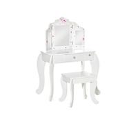 Coiffeuse enfant avec tabouret, miroir triptyque et tiroir coulissant - coiffeuse dim. 63L x 40l x 85,5H cm - MDF blanc, rose