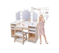 Coiffeuse Enfant Bois avec Chaise Grand Miroir Eclairage LED & Accessoires - bureau Enfant et pour Rangement