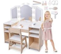 Coiffeuse Enfant Bois avec Chaise Grand Miroir Éclairage LED & Accessoires - bureau Enfant et pour Rangement