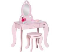 Coiffeuse enfant design girly avec motifs à coeur - tabouret inclus - dim. 60L x 36l x 88H cm - tiroir, miroir - MDF - rose