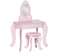 Coiffeuse Enfant Design Girly Avec Motifs À Coeur - Tabouret Inclus - Dim. 60l X 36l X 88h Cm - Tiroir, Miroir - Mdf - Rose Rose