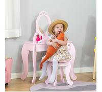 Coiffeuse Enfant Design Girly avec Motifs à Coeur - Tabouret Inclus - dim. 60L x 36l x 88H cm - tiroir, Miroir - MDF - Rose