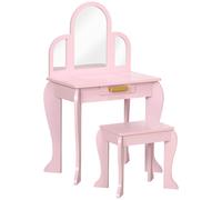 Coiffeuse Enfant Design Girly - Tabouret Inclus - Dim. 52l X 32l X 85h Cm - Tiroir, 3 Miroirs - Mdf Bois De Pin - Rose Poudré Rose