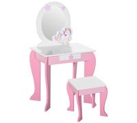 HOMCOM Coiffeuse enfant table de maquillage meuble jeu enfant fille tabouret inclus miroir avec motif de licorne tiroir MDF rose