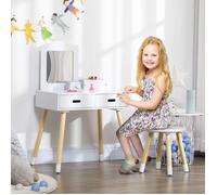 Coiffeuse enfant design scandinave avec tabouret miroir et 2 tiroirs 3 à 6 ans 60 x 40 x 95 cm blanc et bois |