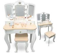 Coiffeuse Enfant en Bois avec Tabouret & Miroir LED - Bureau Enfant +3 ans avec Tiroir & Accessoires