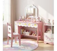 Coiffeuse Enfant Fille-COSTWAY-avec Chaise Ajouré Cœur, Miroir Forme Nuage, 2 Tiroirs, Bibliothèque 3 Niveaux, Étagère Ouverte