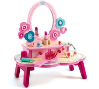 DJECO Coiffeuse en Bois Flora Rose, dès 4 Ans - Jeux d'Imitation & Créativité - Montage Facile - 1 Coiffeuse avec Tiroirs, 1 Miroir, 7 Accessoires Beauté en Bois - L28.5 x l18.7 x H29.7cm