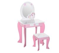 Coiffeuse Enfant - HOMCOM - Tiroir, Miroir - Design Licorne - Tabouret Inclus - dim. 49L x 34l x 90H cm - Rose Blanc