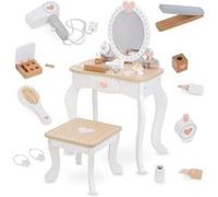 Coiffeuse Enfant, Imitation Beauté Coiffeuse Bois avec Miroir Tabouret et Accessoires Lisseur, Parfum, Brosse à Cheveux G