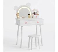 Coiffeuse enfant - LUNSY - Design ours et fleurs - Miroir en forme d'ours - Tabouret en forme de fleur