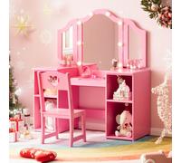 Coiffeuse Enfant Princesse 2-En-1 Avec Miroir Tri-Volets LED Tactile | bureau convertible, ensemble avec chaise à dossier haut, multiples rangements pour chambre de petite fille