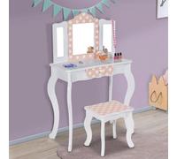 Coiffeuse Enfant Roza Blanche Et Rose Avec 3 Miroirs Et Tabouret Blanc