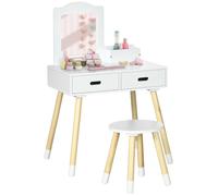 Coiffeuse enfant - table de maquillage - ZONEKIZ - tabouret miroir 2 tiroirs 3-6 ans - bois - 60x40x95cm - blanc bois