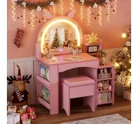 Coiffeuse Enfants Fille avec LED Miroir et Tabouret Moderne Dressing en Bois Rose 3 en 1 Coiffeuse Petite Fille avec Grand Rangement pour Enfant de 8 Ans+ Table de Maquillage pour Chambre à Coucher