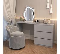 Coiffeuse Ensemble de coiffeuse, coiffeuse avec miroir éclairé, grand ensemble de coiffeuse, coiffeuse avec table de chevet mobile et tabouret rembourré, 3 couleurs de lumière réglables, pour chambre