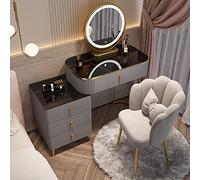 Coiffeuse Ensemble de coiffeuse, ensemble de coiffeuse, table de maquillage de chambre, ensemble de bureau et de tabouret rembourré, miroir à intensité variable à écran tactile 3 couleurs, avec table