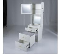 Coiffeuse et Tabouret Mobile sur Roues COSTWAY, Miroir Rabattable, Station de Charge, Tiroirs, Porte, Étagère Réglable à 3 Niveaux