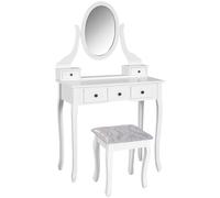 Coiffeuse avec miroir et tabouret - HOMCOM - 5 tiroirs - avec pieds en bois de pin massif - 80 x 40 x 140cm - blanc