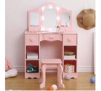 Coiffeuse fille en bois avec 3 miroirs,led et tabouret - enfant Rose