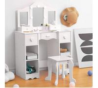 Coiffeuse fille enfant bois avec 3 miroirs,led et tabouret Blanc