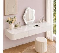 Coiffeuse Flottante avec Tiroirs, Table De Maquillage Murale Moderne | Bois Massif, Glissières Fluides, Coins Arrondis Et Surface Épurée - Studio, Coin Beauté(White+Sintered Stone,60cm)