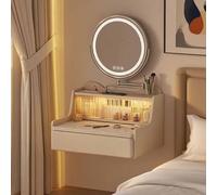 Coiffeuse Flottante, Coiffeuse Murale, Bureau d'angle Flottant avec Plateau en Pierre rétractable, Table de Chevet Suspendue en Bois Massif, éclairage à capteur LED(60cm)