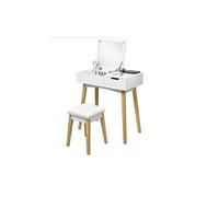 Coiffeuse GIANTEX Blanche Table de Maquillage avec 1 Miroir Carré Rabattable,1 Tabouret Capitonné,1 Tiroir et 1 Compartiment de Rangement