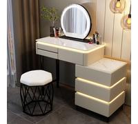 Coiffeuse grise avec miroir rabattable à lumière LED et 3 tiroirs et tabouret rembourré - Coiffeuse pour chambre à coucher (48 x 40 x 82 cm)