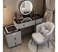 Coiffeuse grise avec station de charge sans fil, haut-parleur Bluetooth, miroir LED, 5 tiroirs et tabouret, ensemble de maquillage en bois massif pour chambre à coucher et dressing B L : 80 cm 31,5 cm