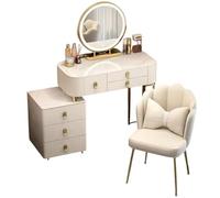 Coiffeuse Haut de Gamme : Miroir LED HD 3 Tons + Surface Marbre - Coiffeuse Chaise Douillette et Meuble Latéral Mobile - Idéale pour Femmes/Cadeau Épouse