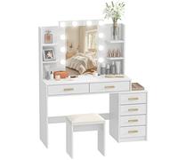 Coiffeuse HOMCOM avec éclairage LED, 3 couleurs de lumière réglables et tabouret, coiffeuse avec miroir, 6 tiroirs, 4 étagères ouvertes, coiffeuse moderne blanche