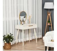 Coiffeuse miroir rond style Art déco - 2 tiroirs - piètement effilé bois - métal doré effet bois blanc
