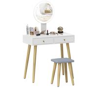 HOMCOM Coiffeuse avec Miroir et Tabouret, Table de Maquillage avec Miroir LED à luminosité et 3 Couleurs réglable, Tabouret rembourré, 2 tiroirs et Organisateur de Rangement, Bureau Coiffeuse Blanc