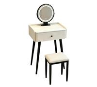 Coiffeuse Italienne avec Miroir & Tabouret, Plateau en Pierre, Compacte | 2-en-1 maquillage & bureau, 3 couleurs de lumièra, similicuir résistant, pieds acier, verre feuilleté(White,60cm)