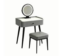 Coiffeuse Italienne avec Miroir & Tabouret, Plateau en Pierre, Compacte | 2-en-1 maquillage & bureau, 3 couleurs de lumièra, similicuir résistant, pieds acier, verre feuilleté(Gray,60cm)