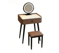 Coiffeuse Italienne avec Miroir & Tabouret, Plateau en Pierre, Compacte | 2-en-1 maquillage & bureau, 3 couleurs de lumièra, similicuir résistant, pieds acier, verre feuilleté(Brown,60cm)