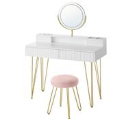 Coiffeuse - L 100 cm - Miroir Pivotant - Éclairage - Multiprise - Blanc et Doré