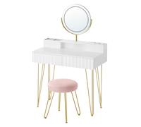 Coiffeuse - L 80 cm - Miroir Pivotant - Éclairage - Multiprise - Blanc et Doré