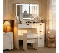 Coiffeuse LED avec Miroir Lumineux, 3 Couleurs Réglables & Dimmable, 4 Tiroirs + Étagère Ouverte, avec USB et Support Sèche-Cheveux, Coiffeuse Blanche Moderne pour Chambre