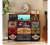 Coiffeuse LED avec Rangement, Armoire avec 13 Tiroirs en Tissu et Étagère, Commode avec USB ports, Table de Maquillage, Meuble de Rangement, Cadre en Métal, Style Industriel, pour Chambre (Marron-A)