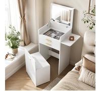 Coiffeuse LED compacte - WOLTU - 3-en-1 - Miroir LED pliable - Tablette Latérale Rabattable - Luminosité réglable