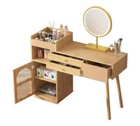 Coiffeuse LED en Bois Naturel, Miroir 3 Couleurs, 3 Tiroirs, 120x40x90 cm | Portes en verre arc-en-ciel et kit anti-bascule inclus : un espace maquillage sûr et élégant, sans désordre au quotidien.